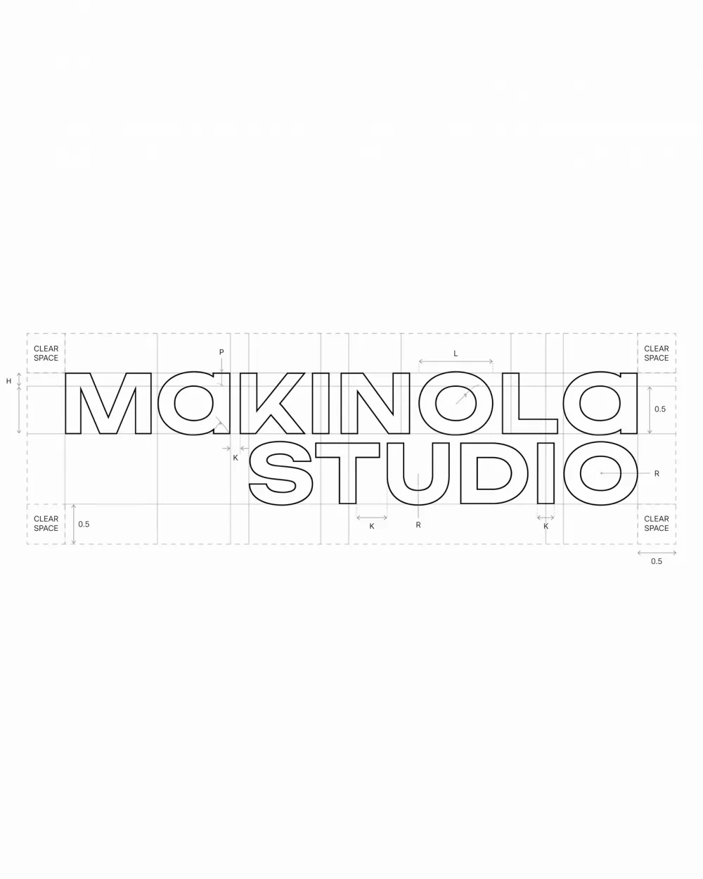 Construction drawing of the Makinola wordmark on its grid